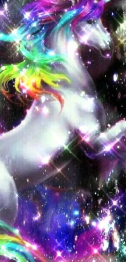 A magical unicorn with rainbow mane on a starry background.