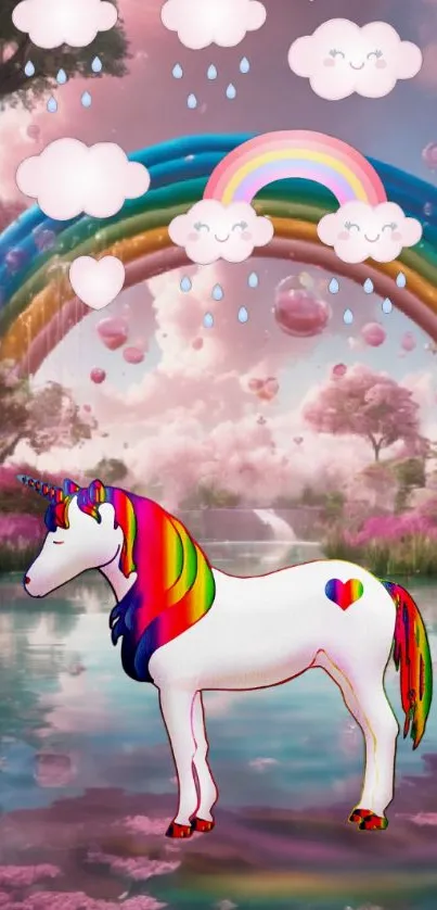 Colorful unicorn and rainbow in magical landscape wallpaper.