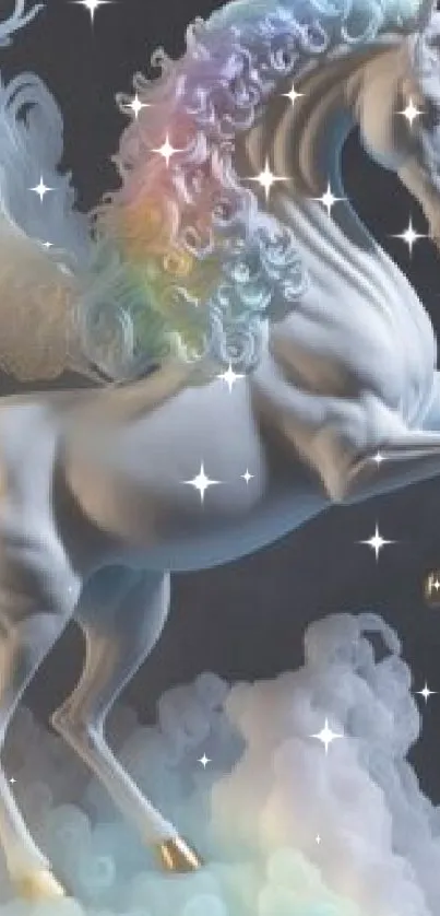 A unicorn with a rainbow mane rears up on clouds against a dark background.