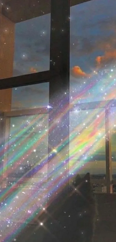 Cosmic skyline through window, vibrant lights, serene sunset.