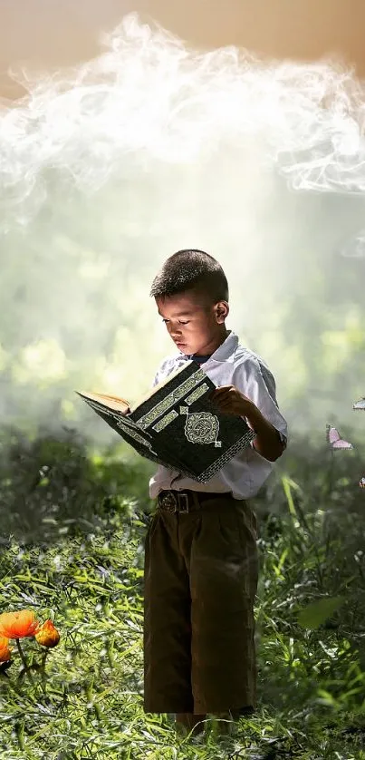 Boy reading in a magical, smoky landscape with books and flowers.