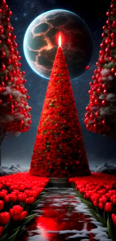 Magical Christmas tree with red tulips under a starry sky.