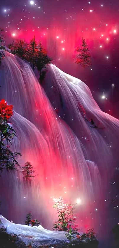 Magical red waterfall at night with a starry backdrop.