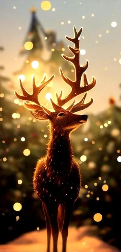 Animated reindeer with glowing forest lights.