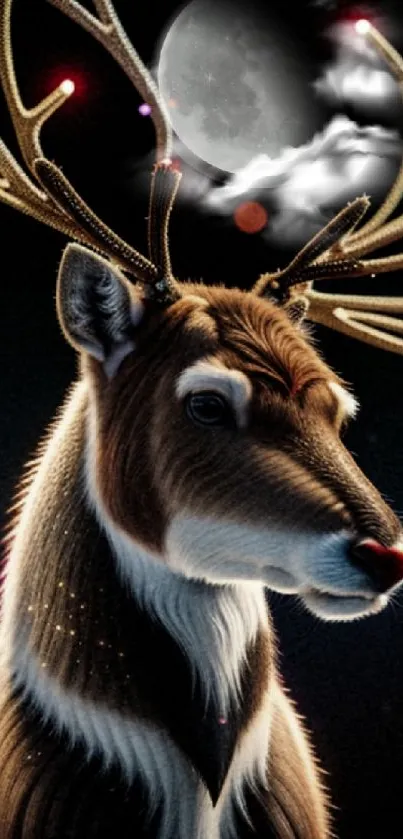 Reindeer with glowing antlers under a moonlit sky.