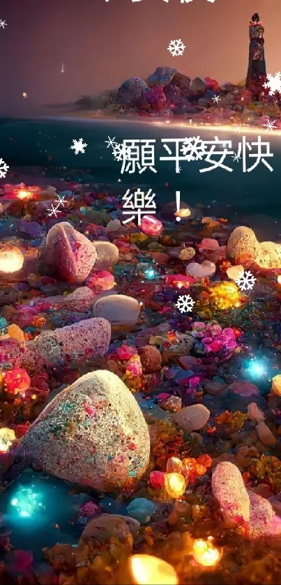 Magical rocky shoreline with glowing stones and vibrant colors.