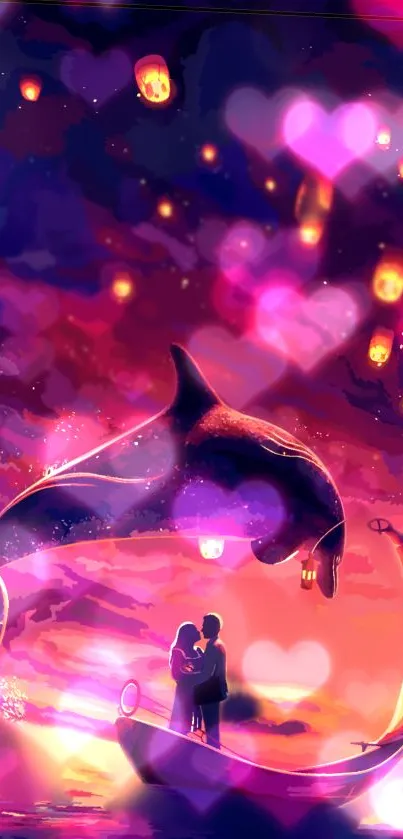 Romantic couple under night sky with lanterns and dolphin.