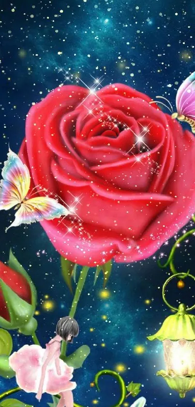 Magical rose, fairies, and butterflies in a starlit scene.