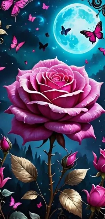 A mystical rose garden under a full moon with butterflies.