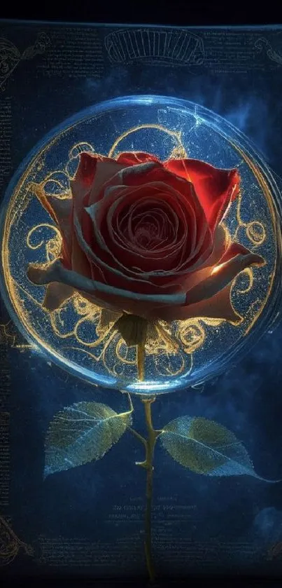 Beautiful rose encased in glowing book art wallpaper.