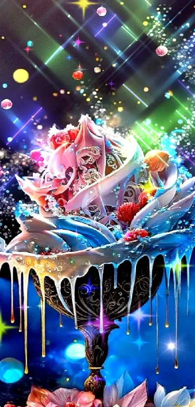 Magical rose bowl with vibrant colors on a mobile wallpaper.