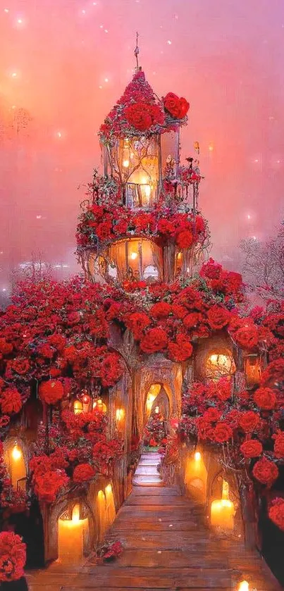 A magical rose-covered castle with glowing candles in a dreamy landscape.