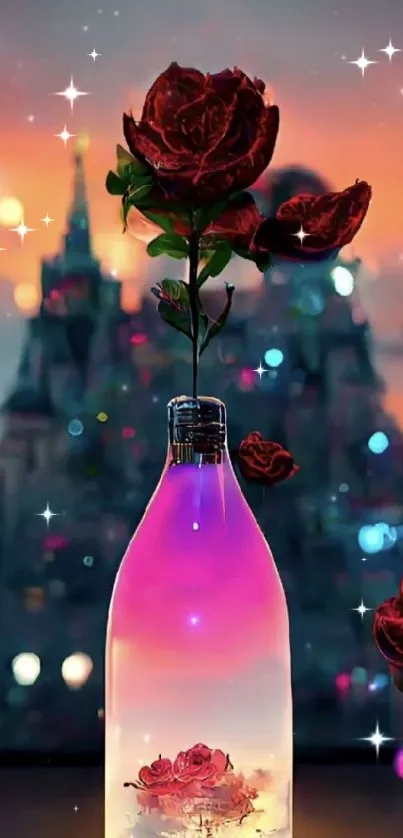 Magical rose in bottle with castle backdrop, glowing lights.