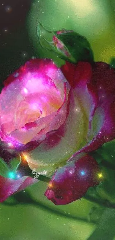 Magical rose with glowing petals on a green background.