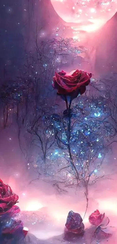 Magical rose in moonlight with glowing purple and pink hues for a dreamy wallpaper.