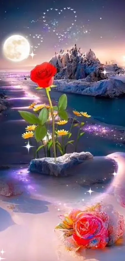 A vibrant moonlit scene with a red rose and mystical landscape.