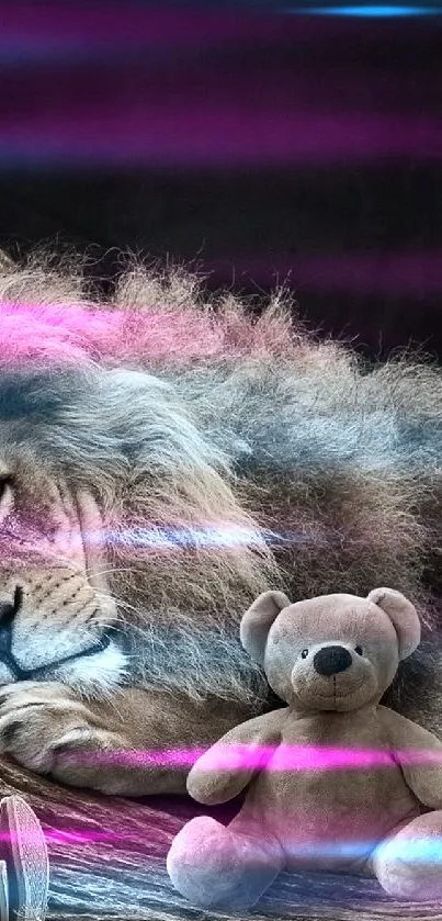 A little girl reads to a teddy bear beside a resting lion on a tree branch.