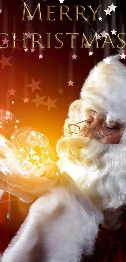 Santa Claus with magical stars on Christmas wallpaper.