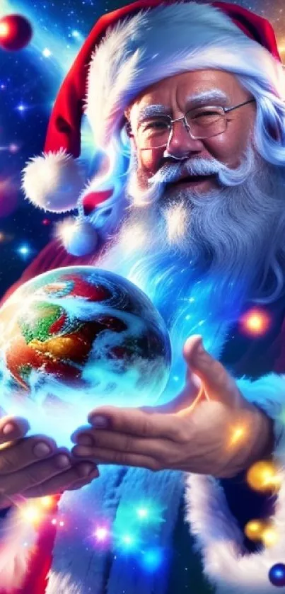 Santa Claus holding a magical glowing globe with festive lights.