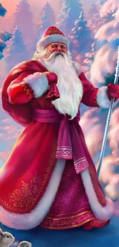 Santa Claus in a red costume stands in a snowy forest.