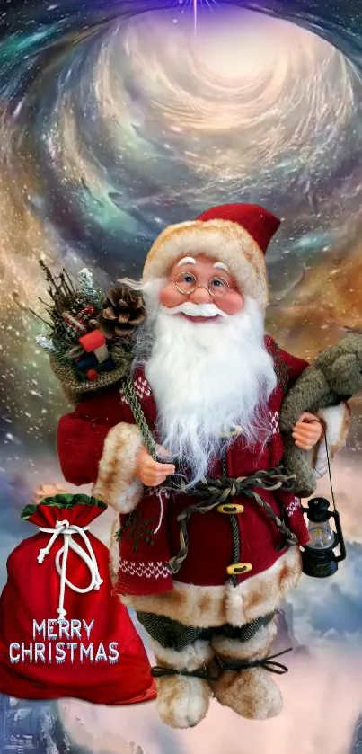 Santa Claus with gifts against cosmic swirl background.