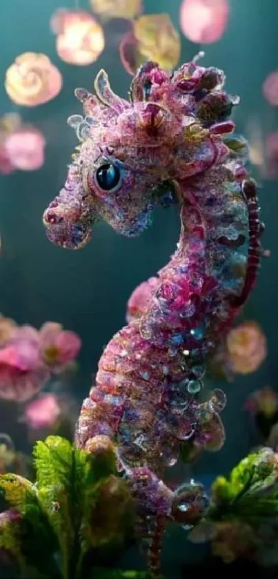 Enchanting seahorse in a colorful underwater world with fantasy elements.