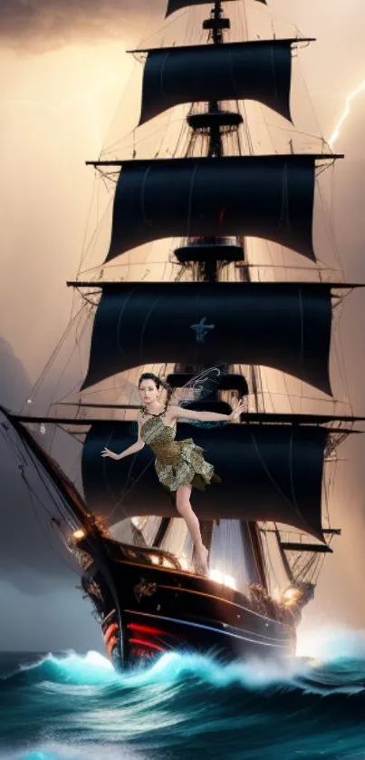 Fantasy ship with a magical figure soaring over stormy seas.