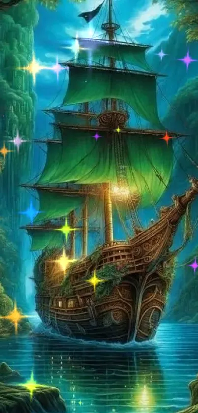 A magical ship sails in an enchanted green landscape over reflective waters.