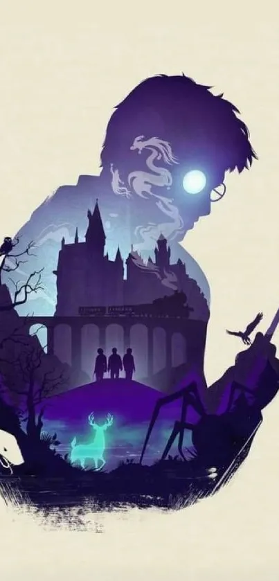 Magical silhouette art wallpaper of wizard and castle scene.