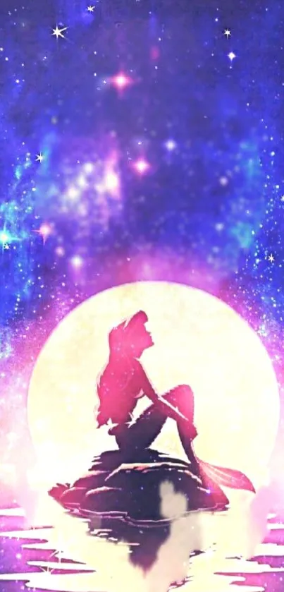 Silhouette art with moon in cosmic purple hues.