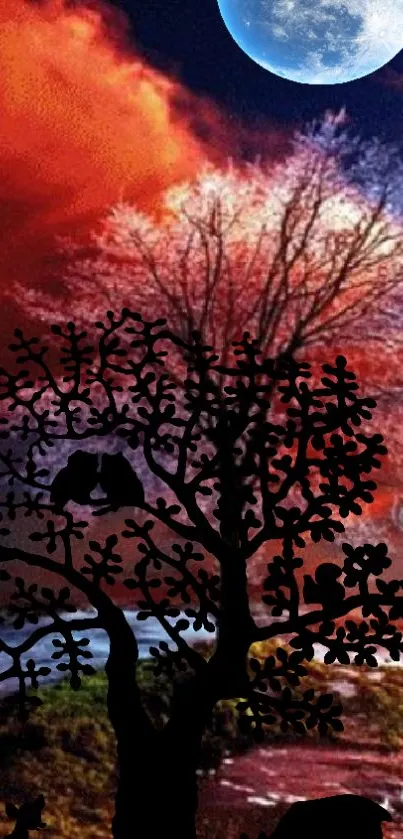 Silhouetted tree against colorful sky with full moon.