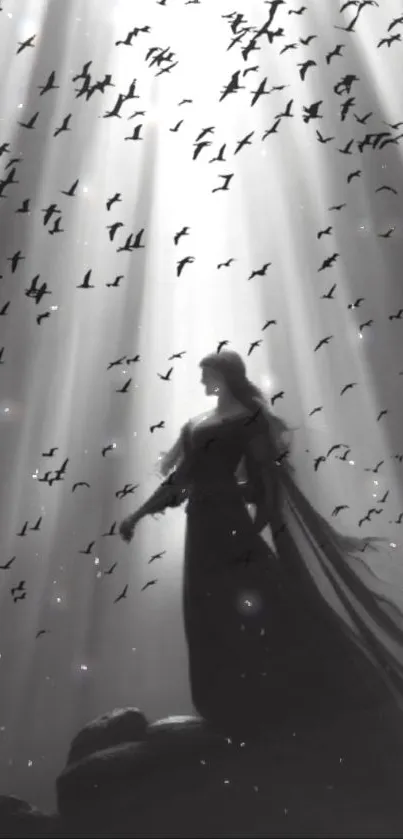 Silhouette of a person with birds and light rays in a mystical scene.