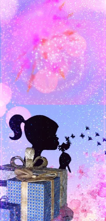 Silhouette of a girl with a cat under sparkling pink and purple sky.