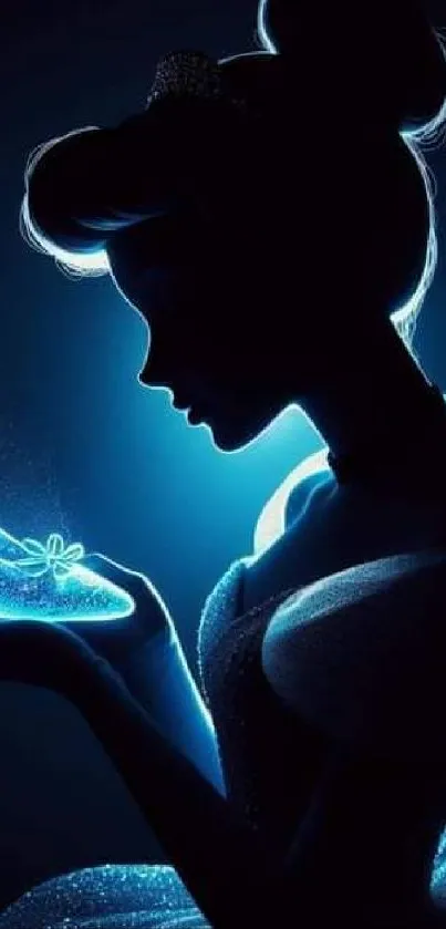 Silhouette of a princess with a glowing glass slipper against a blue background.