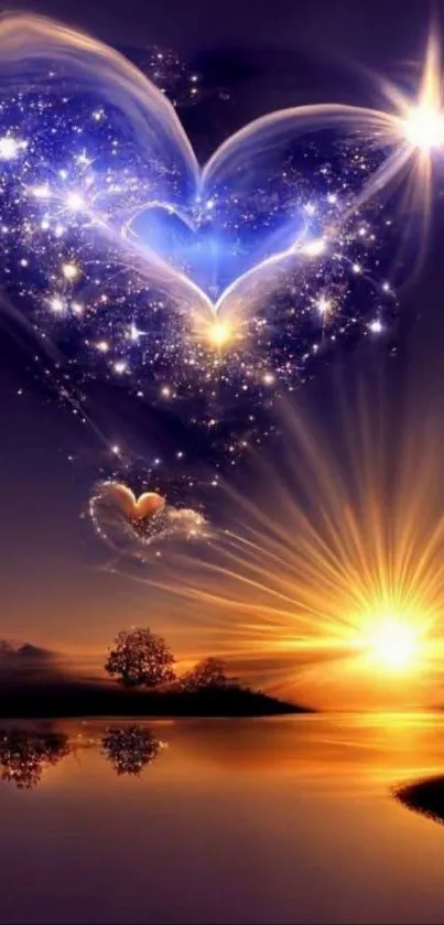 Heart-shaped constellation over sunset lake with stars.