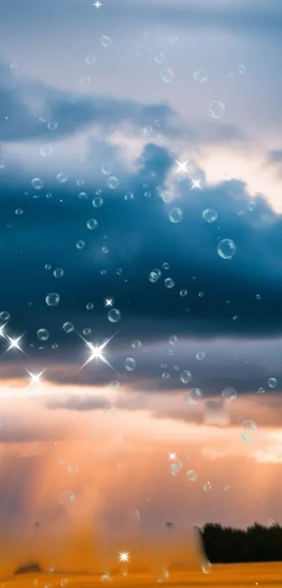 Magical sky with clouds, raindrops, and sparkles.