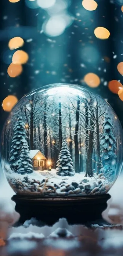 Snow globe with winter cabin and trees inside, surrounded by glowing lights.