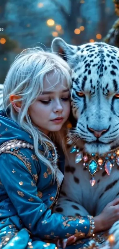 Child with a jewel-adorned snow leopard in a mystical forest.