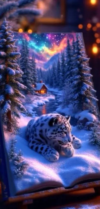 Snow leopard resting on a magical snowy book in a winter wonderland.