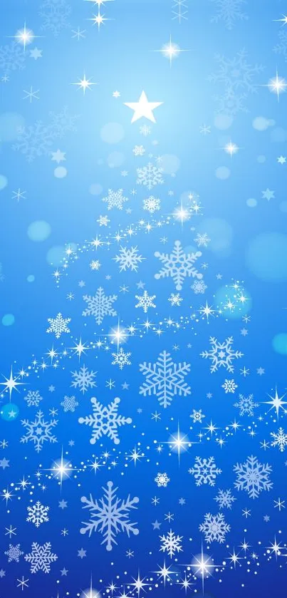 Elegant Christmas tree with snowflakes on a blue background, perfect for a festive wallpaper.