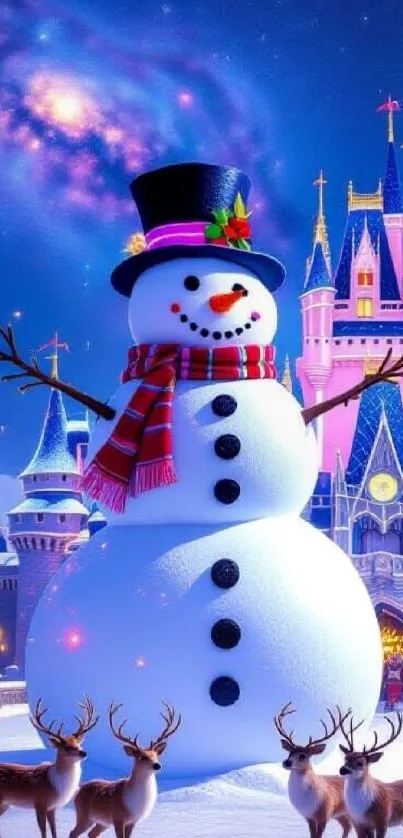 Snowman with a castle backdrop and reindeer in a winter wonderland.