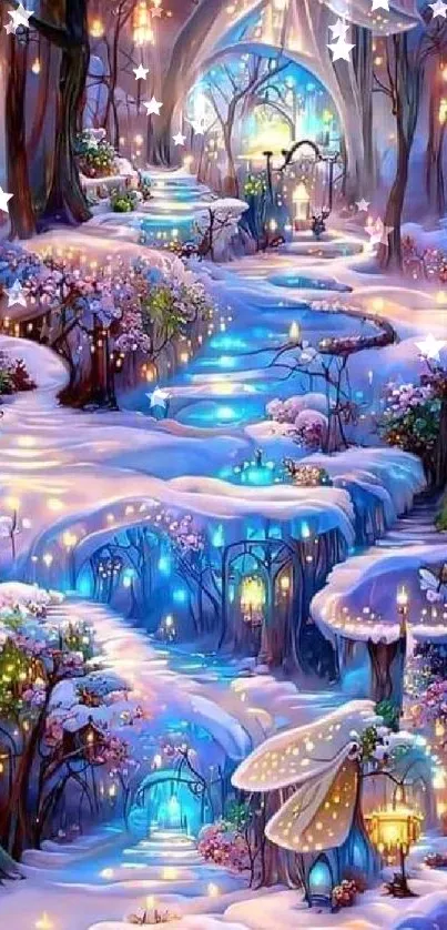 Enchanted winter forest path with glowing lanterns and snow.