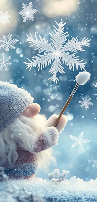 Whimsical gnome with snowflakes in a magical winter scene.