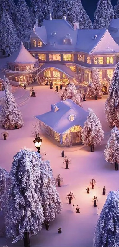 Snowy village scene with glowing windows and trees at night.