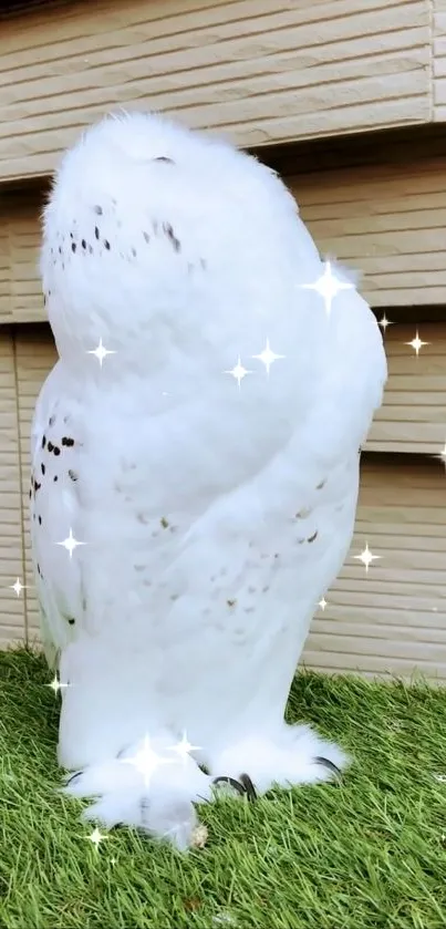 Majestic snowy owl with sparkles on green grass.