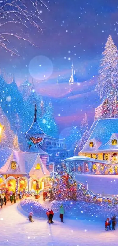 Magical snowy village with festive lights.