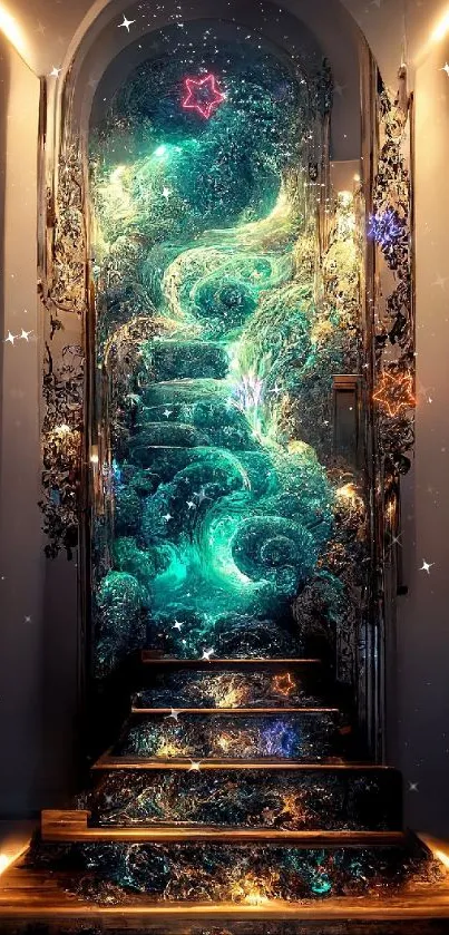 Magical teal staircase with swirling art design