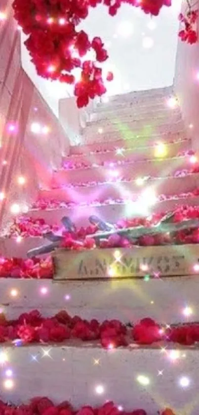 Dreamy stairway adorned with pink petals and sparkles.