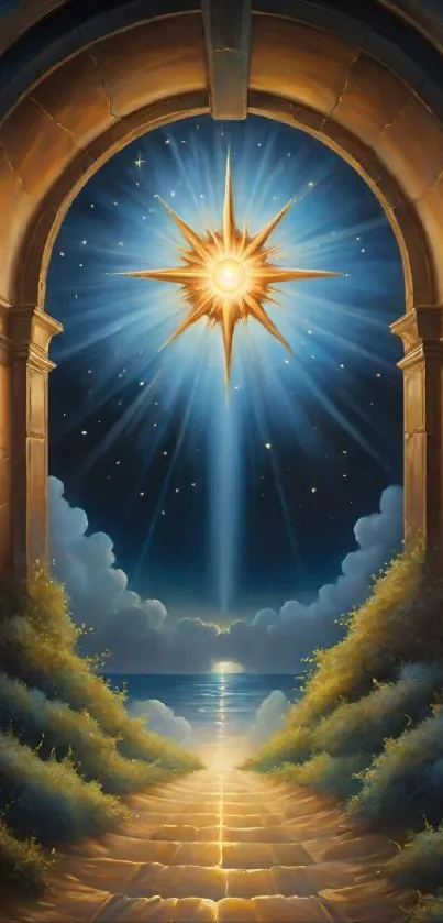 Magical star illuminating a night sky through an ancient archway.