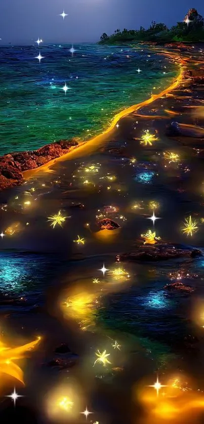 Magical beach night with glowing stars and dark ocean waves under moonlight.